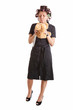 housewife with kitchen knife and plaything
