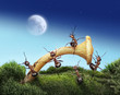 team of ants  launches spaceman to the moon, teamwork