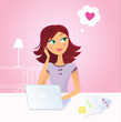 Happy woman daydreaming about love in office. Vector