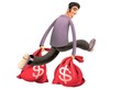 Robber is running fast with two red bags full of dollars