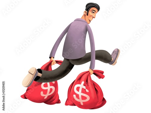 Illustration: Robber is running fast with two red bags full of dollars Robber is running fast with two red bags full of dollars
