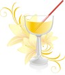 Glass with cocktail and bouquet of lilies. Vector
