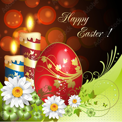 Vector: Easter card with flowers, candles and decorated egg Easter card with flowers, candles and decorated egg