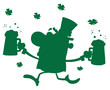 Green Silhouetted Male Leprechaun Running With Beers