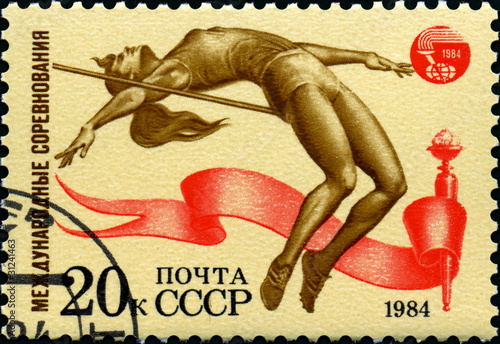 Photo: Saut en hauteur.Fosbury. Athlétisme. Timbre postal russe. 1984. Saut en hauteur.Fosbury. Athlétisme. Timbre postal russe. 1984.
