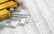 Finance concept with gold bars, coins and dollar bills