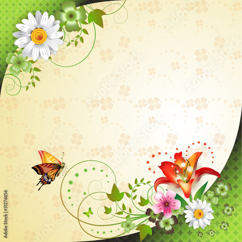 Vector: Springtime background with flowers and butterflies Springtime background with flowers and butterflies