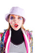 girl clown shirt and panama hat