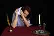 portrait of beautiful brown-haired girl writing work portrait of beautiful brown-haired girl writing work