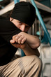 Closeup shot of an agressive young man looking forward Closeup shot of an agressive young man looking forward