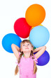 smiling girl holding balloons branch isolated on white
