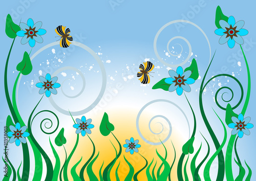 Vektor: Blue flowers and butterflies.Background.Wallpaper. Blue flowers and butterflies.Background.Wallpaper.