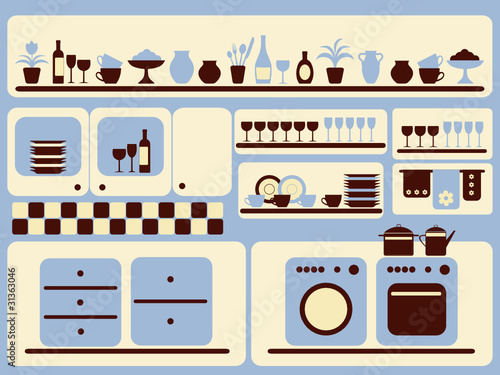 Kitchen room and home objects set. Vector illustration. by 