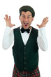 Expressive man in Scottish costume.