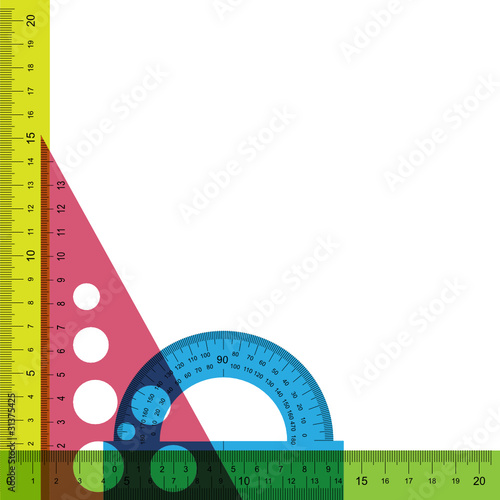 Vector: Ruler, protractor and triangle with simulated transparency. Ruler, protractor and triangle with simulated transparency.