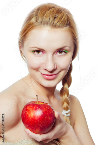 Photo: portrait of young woman with red apple isolated on white portrait of young woman with red apple isolated on white