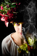 Smoking pipe beautiful fashion model with floral accessories