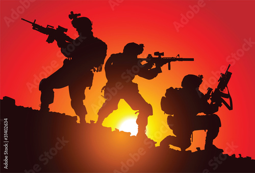 Vektor: Silhouette of three soldiers on the battlefield Silhouette of three soldiers on the battlefield