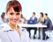 Portrait of a cute young business lady looking happy at Portrait of a cute young business lady looking happy at