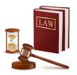 Judge gavel, sandglass and law books. Vector.