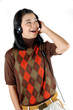 Young woman was listening music with headphone