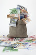 Geldsack mit Euro- Scheinen
