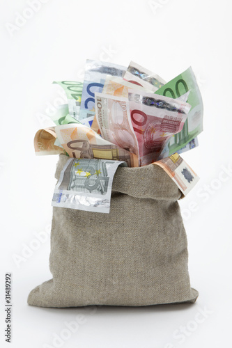 Photo: Geldsack mit Euro- Scheinen Geldsack mit Euro- Scheinen