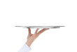Waiter holding empty silver tray Waiter holding empty silver tray