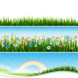 Thre Spring banners with grass, flowers and sun.
