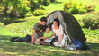 Cute family looking at a map
