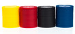 Yellow,red,black and blue poker chips on a white background