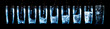 Set of glasses with water and ice on a black background