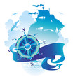 Adventures illustration - compass rose, banner & sailing ship