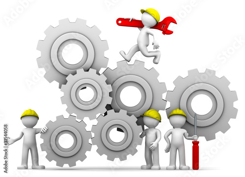 Illustration: Workers team with gear mechanism Workers team with gear mechanism