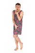 ashamed man dressed as woman in dark dress
