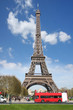 Eiifel Tower with red bus, France, Paris