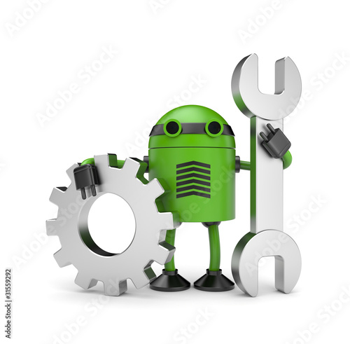 Illustration: Robot worker with gear Robot worker with gear