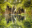 Landscape with beautiful forest waterfalls reflected in water Landscape with beautiful forest waterfalls reflected in water