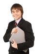 Photo: friendly young businessman on white background smiling and holdi friendly young businessman on white background smiling and holdi