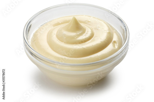 Photo: homemade mayonnaise on white background homemade mayonnaise on white background