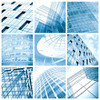 contemporary collage of blue glass architectural buildings