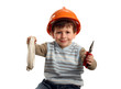 Photo: Happy boy in helmet with pliers and cable Happy boy in helmet with pliers and cable