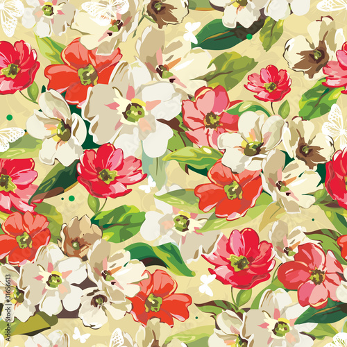 Vector: Bright Seamless pattern with beige and red flowers Bright Seamless pattern with beige and red flowers