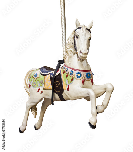 Photo: Cheval de bois sur un carrousel, fond blanc Cheval de bois sur un carrousel, fond blanc
