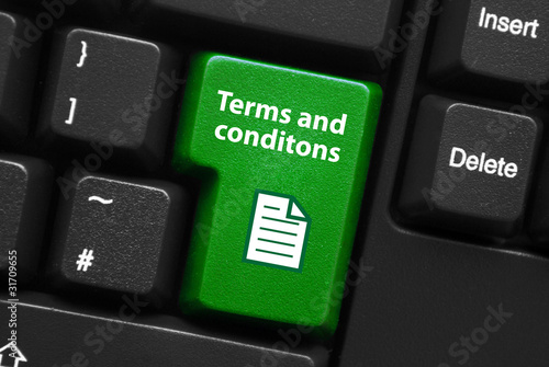 Illustration: TERMS AND CONDITIONS Key on Keyboard (sale contract web button) TERMS AND CONDITIONS Key on Keyboard (sale contract web button)