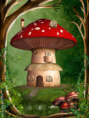 Illustration: a dwarf house hidden in the forest a dwarf house hidden in the forest