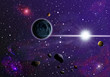 Bright star with planets on a background of galaxies.