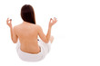 Lovely young nude woman with towel sit of back