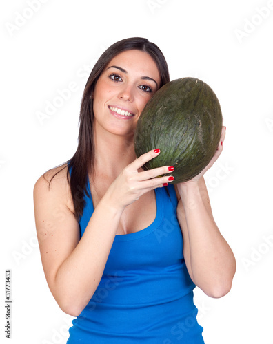 Photo: Beautiful girl with a green melon Beautiful girl with a green melon