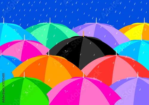 Vector: Black Umbrella among Colourful Umbrellas Black Umbrella among Colourful Umbrellas